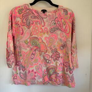 Talbots Womens Neon Pink Yellow Paisley Floral Crew Neck Sweater Size SP Petite